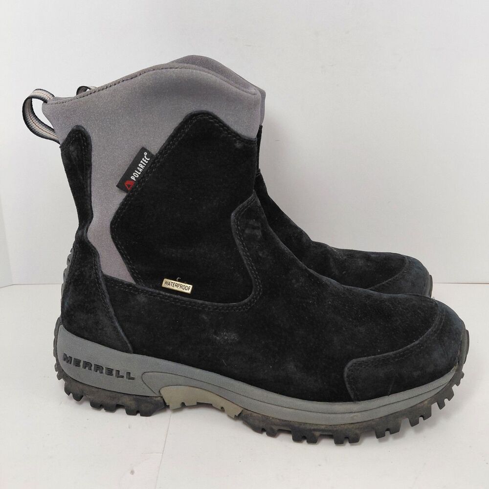 Merrell Womens Sz 8 Waterproof Boots Black Gray Suede Thinsulate Pull On Ankle
